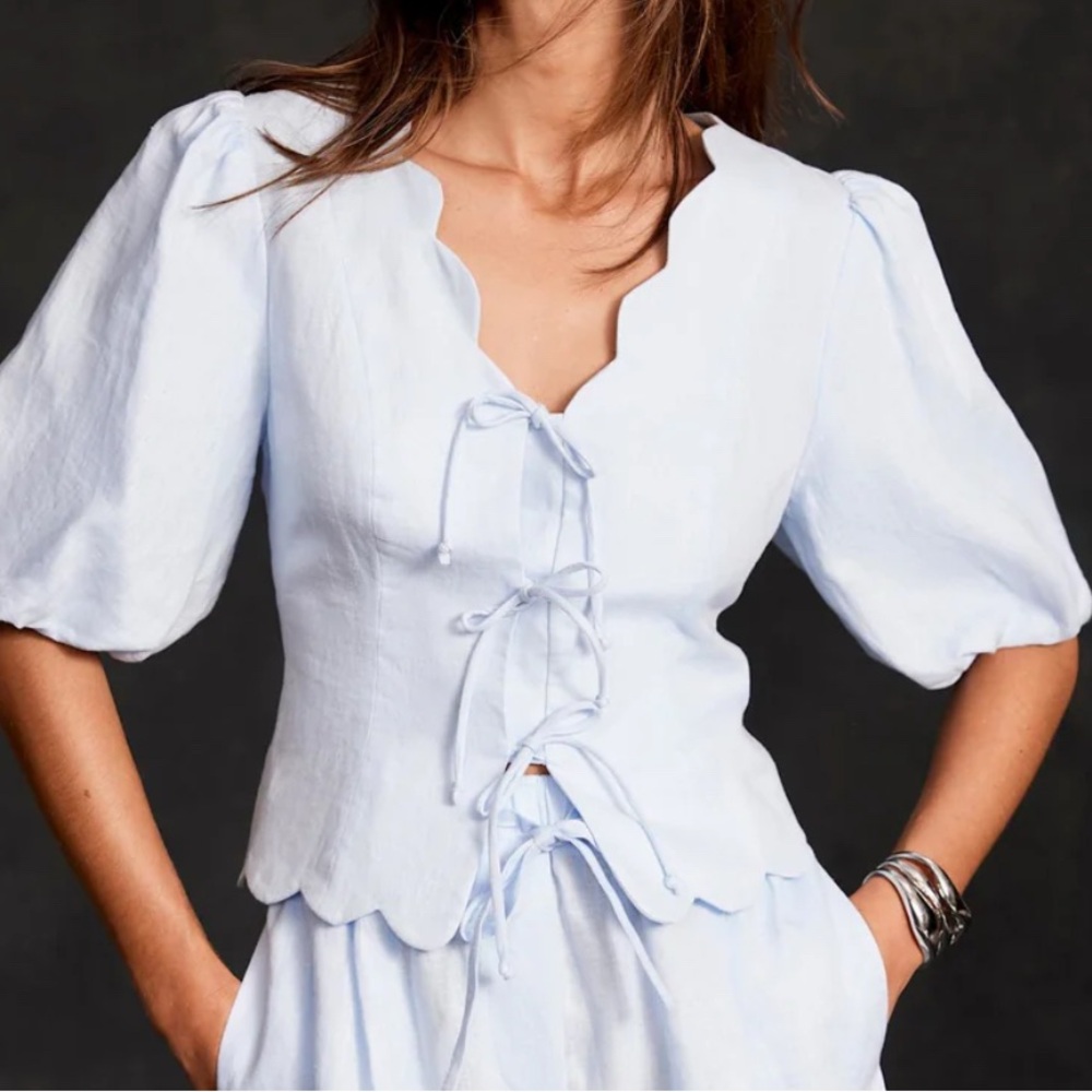 Mint Velvet Blue Linen Scallop Tie Front Top